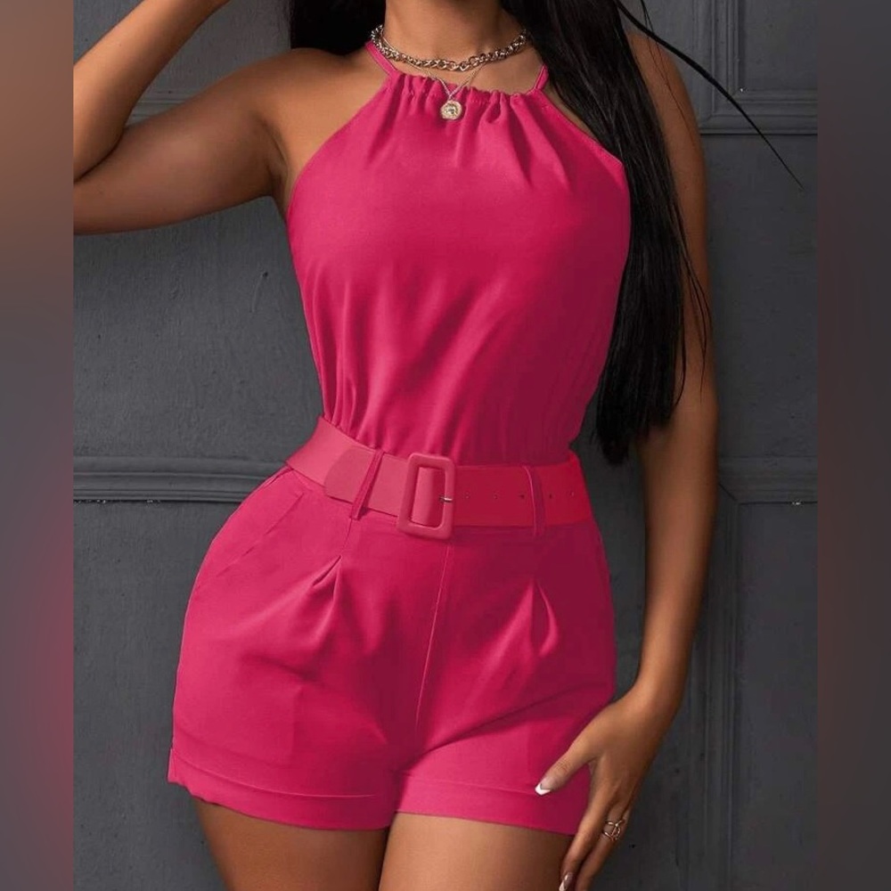 Three piece halter top, shorts, and matching belt set in hot pink.